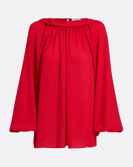 Flowing, tie neck, semi-sheer blouse in AZALEA RED