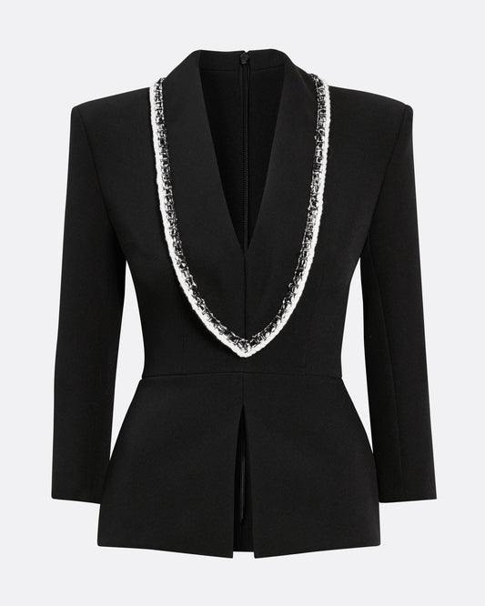 3/4 sleeve top with collar detail in BLACK WITH GREYSCALE