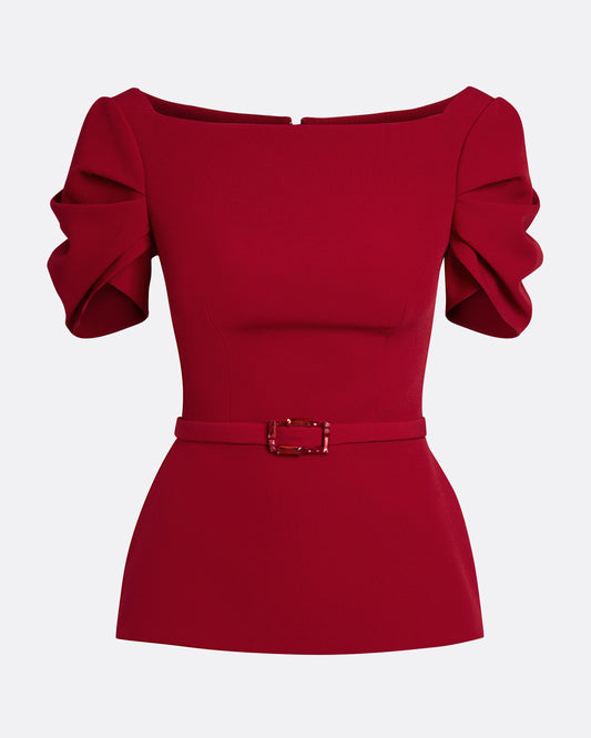 short sleeve top with shoulder details  in AZALEA RED WITH MULTI-REDS