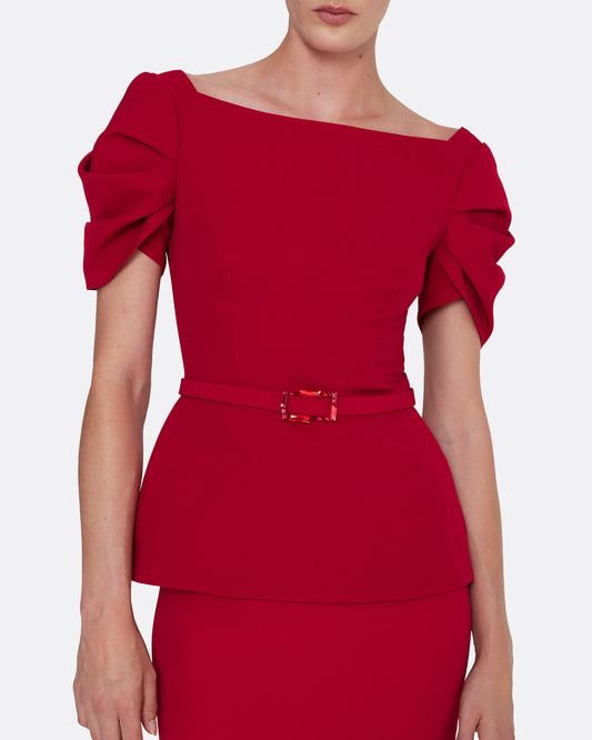 short sleeve top with shoulder details  in AZALEA RED WITH MULTI-REDS