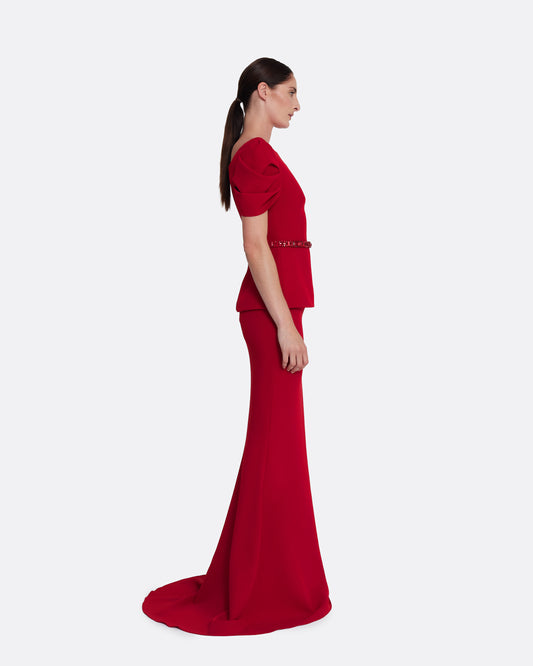short sleeve top with shoulder details  in AZALEA RED WITH MULTI-REDS