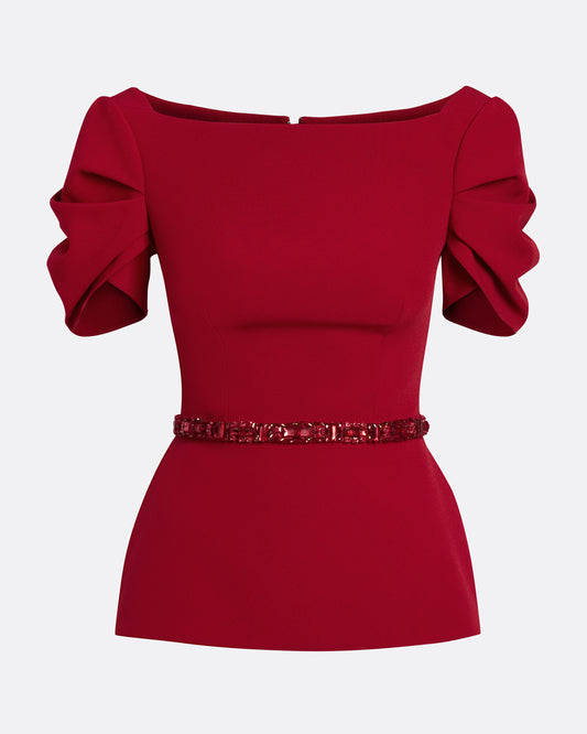 short sleeve top with shoulder details  in AZALEA RED WITH MULTI-REDS