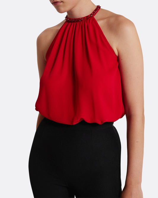 Halter neck style top  in AZALEA RED W MULTI-REDS