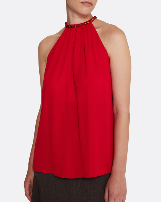 Halter neck style top  in AZALEA RED W MULTI-REDS