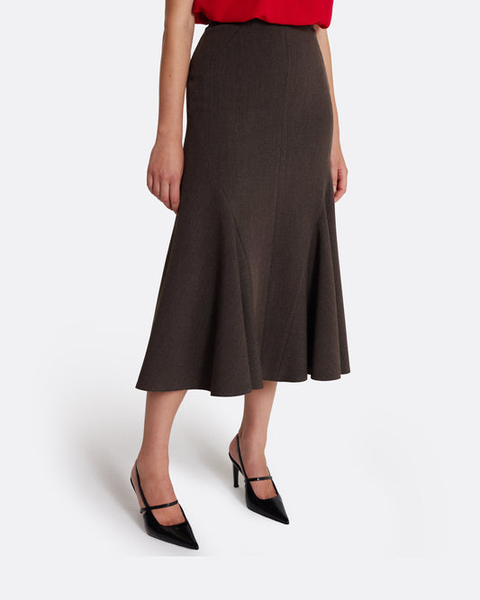 High waisted midi skirt with kick-flare detail in SOFT BROWN