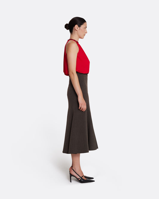 High waisted midi skirt with kick-flare detail in SOFT BROWN