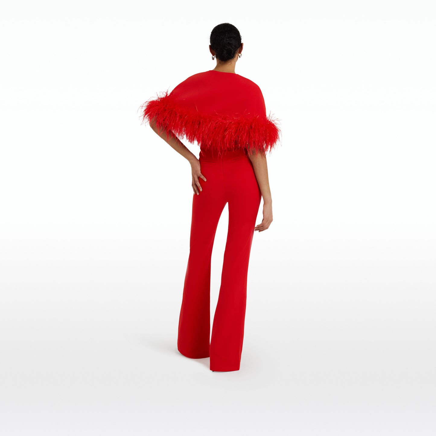 Kepuret Scarlet Red Feather-Trimmed Cape with Myrine Jumpsuit