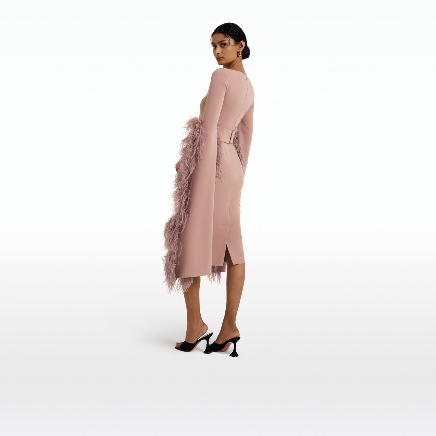 Octavia Dusty Pink Feather-Trimmed Midi Dress