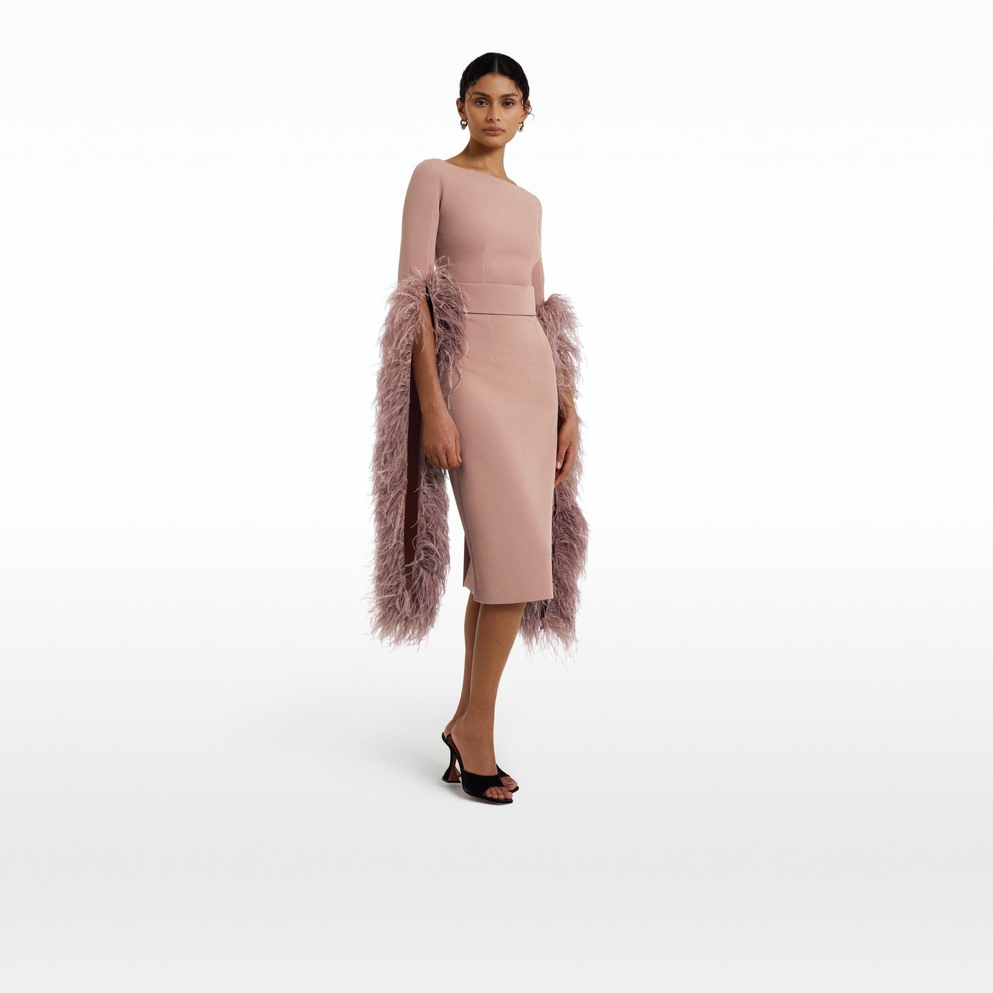 Octavia Dusty Pink Feather-Trimmed Midi Dress