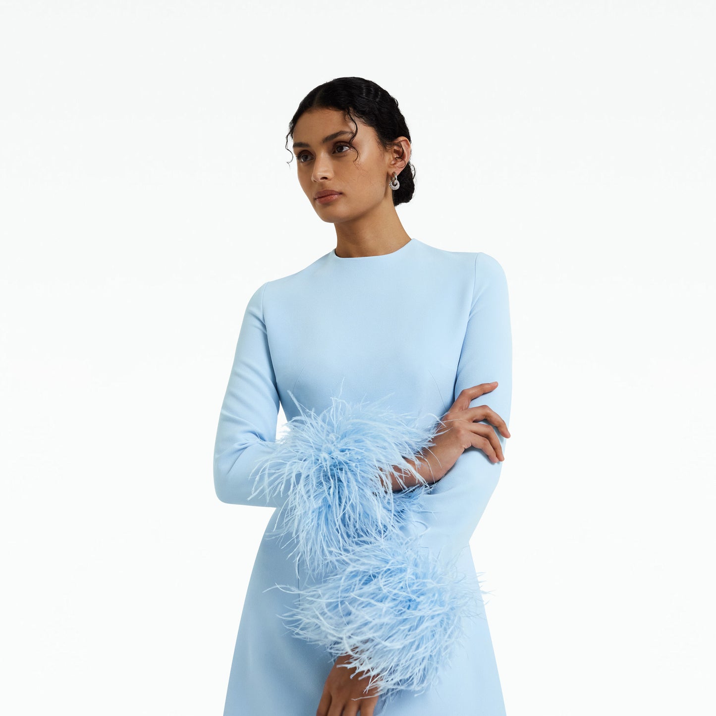 Rena Pale Blue Feather-Trimmed Short Dress