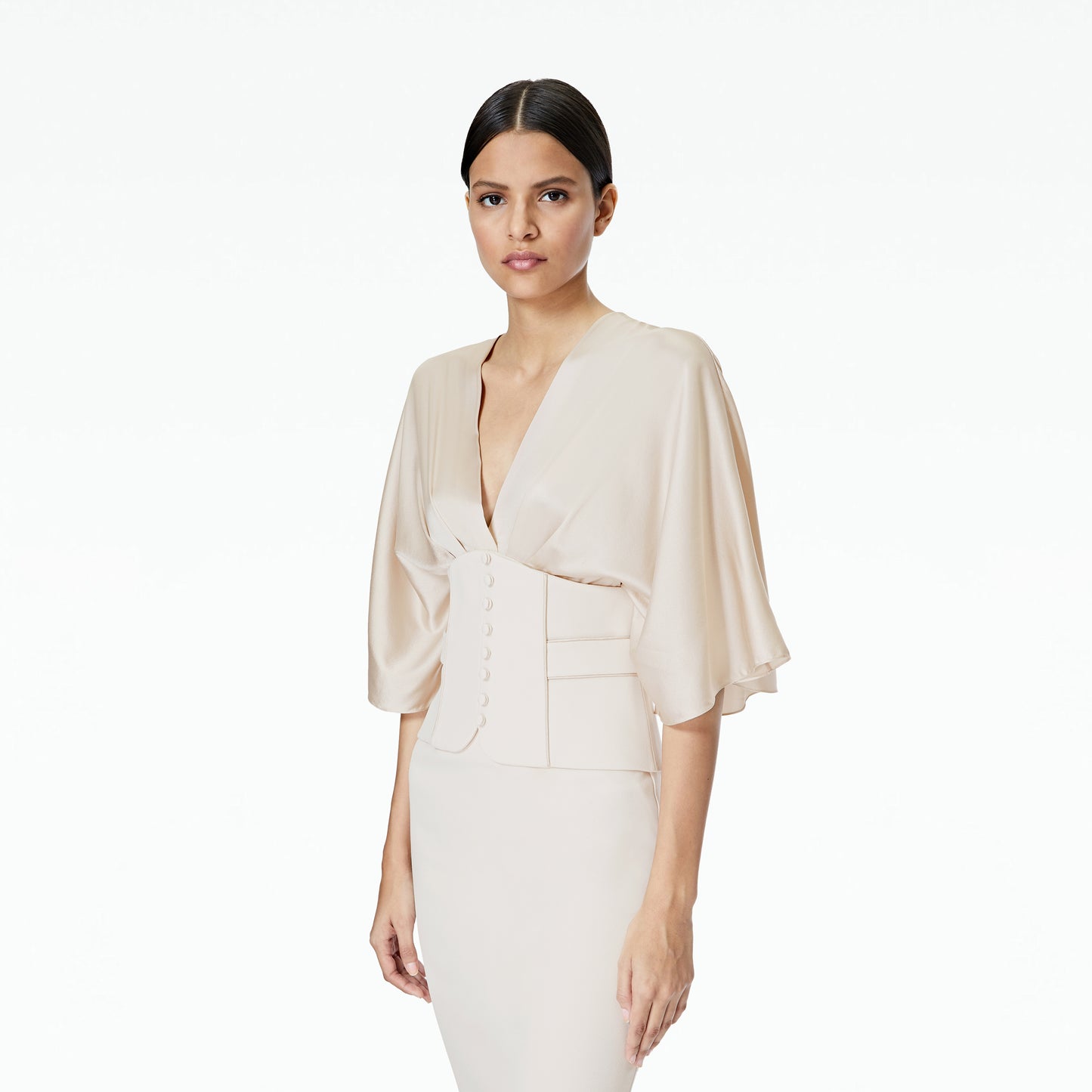 Ionie Belted White Sand Midi Dress