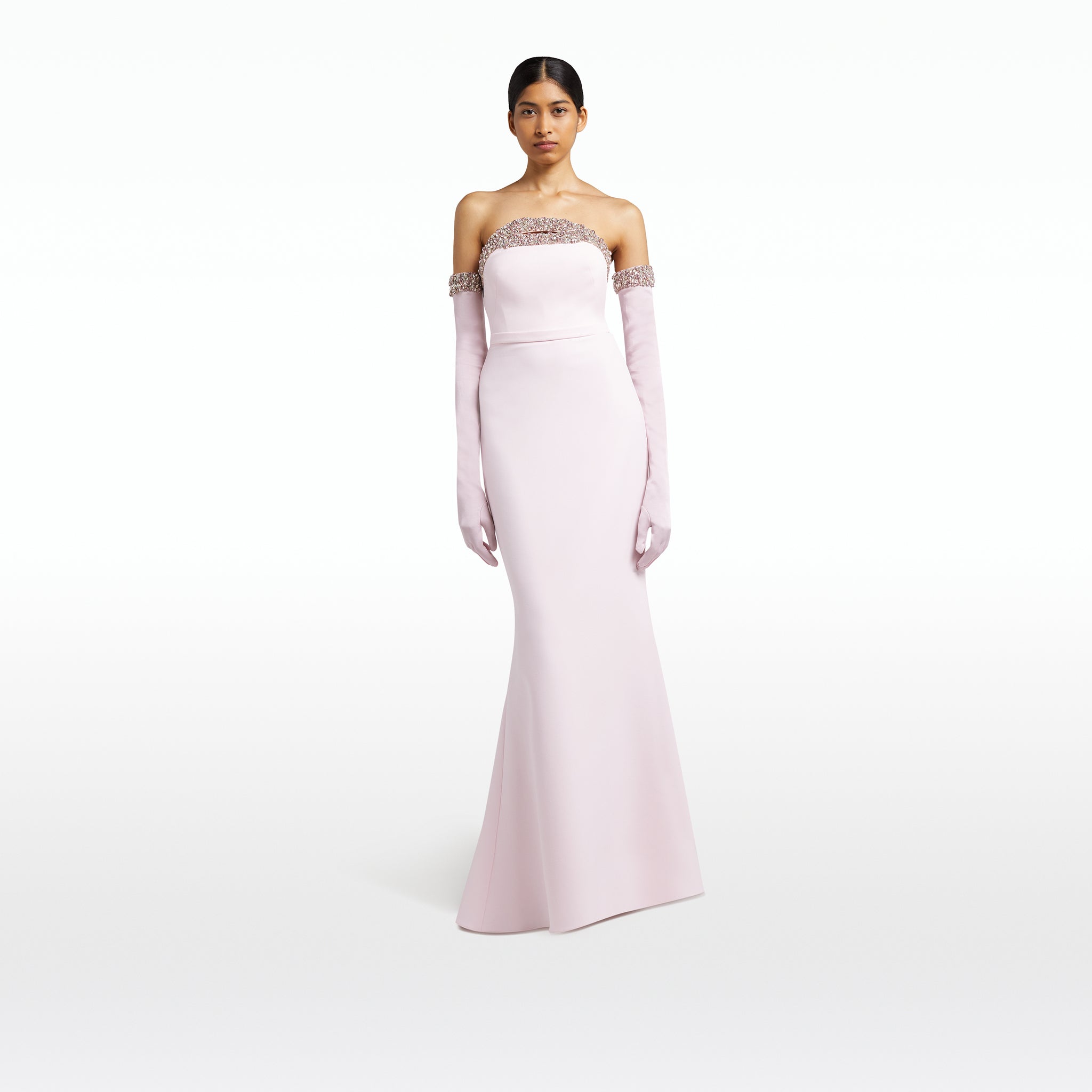 Donatella Barely Pink Long Dress With Antonia Gloves – Safiyaa London Donatella Barely Pink Long Dress With Antonia Gloves – Safiyaa London