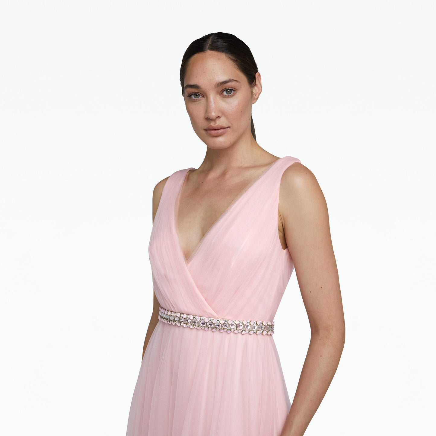 Enrica Barely Pink Long Dress With Embroidered Belt