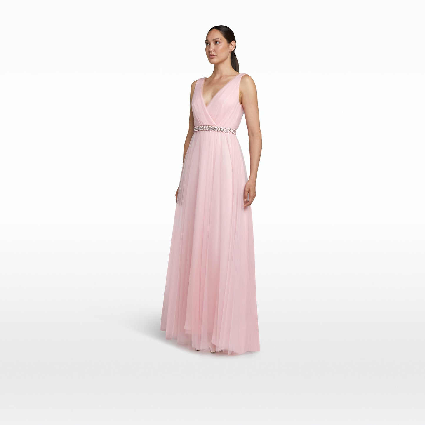 Enrica Barely Pink Long Dress With Embroidered Belt