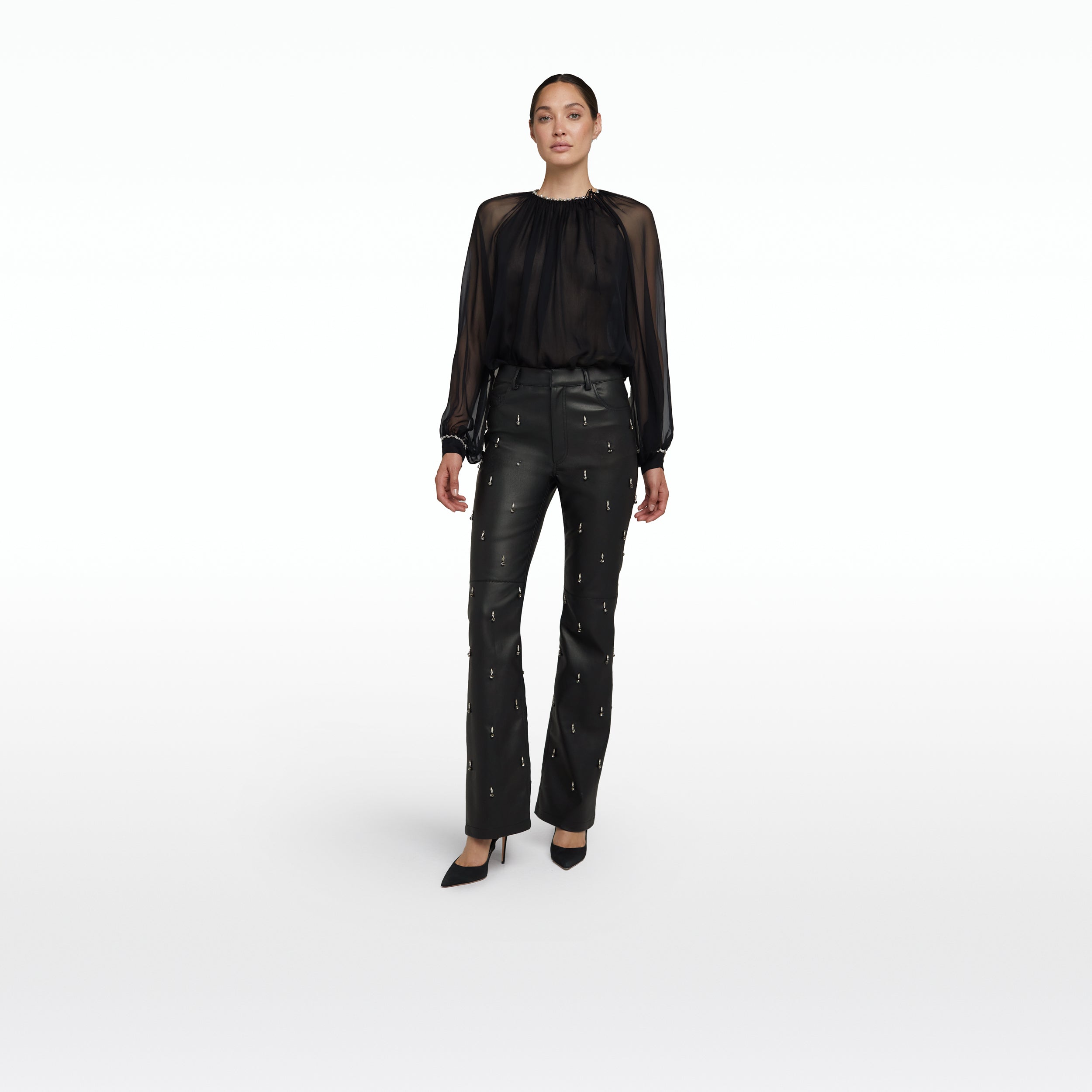 Flora Black Vegan Leather Embroidered Trousers