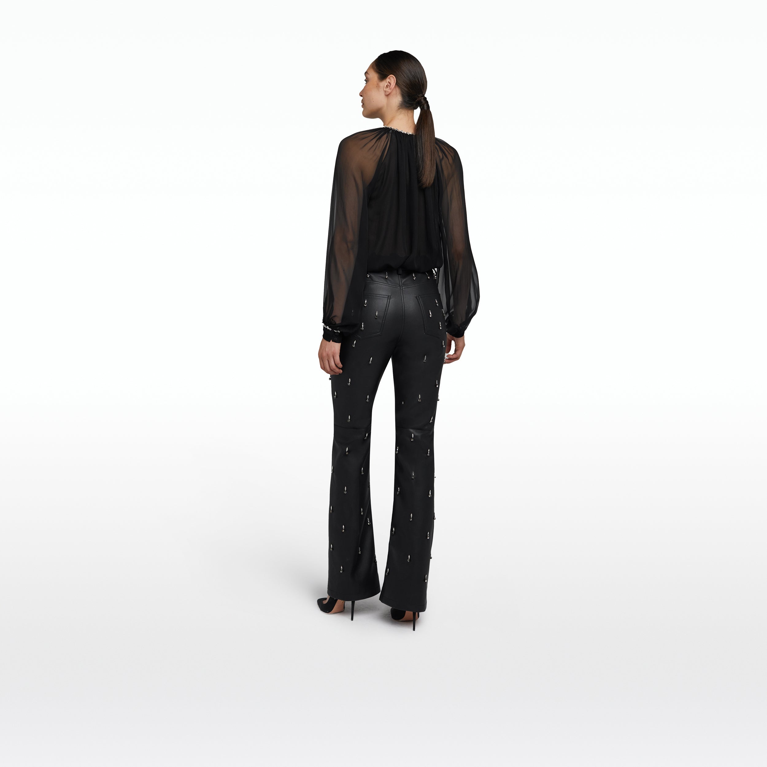 Flora Black Vegan Leather Embroidered Trousers